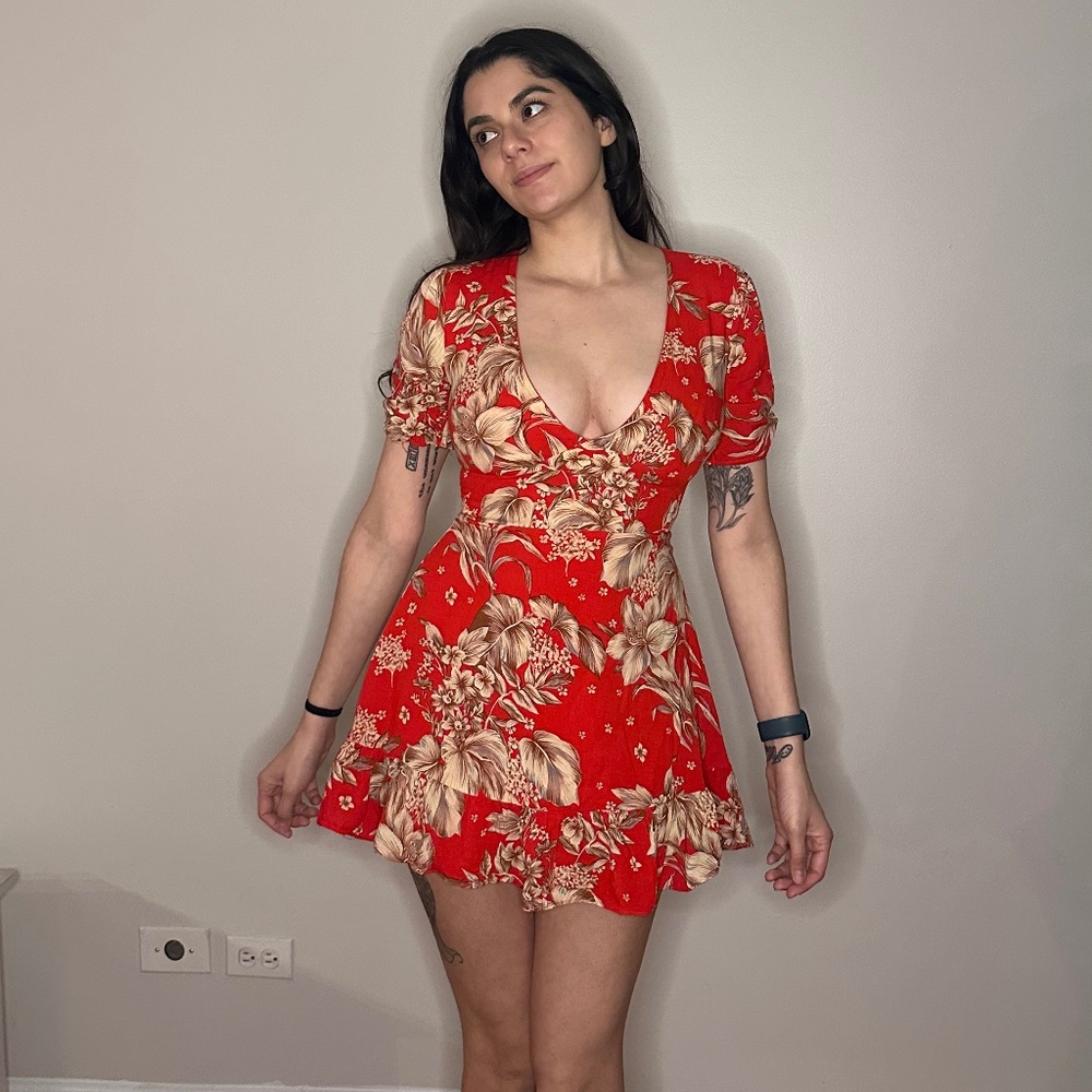 Red Floral Deep V Cut Dress
